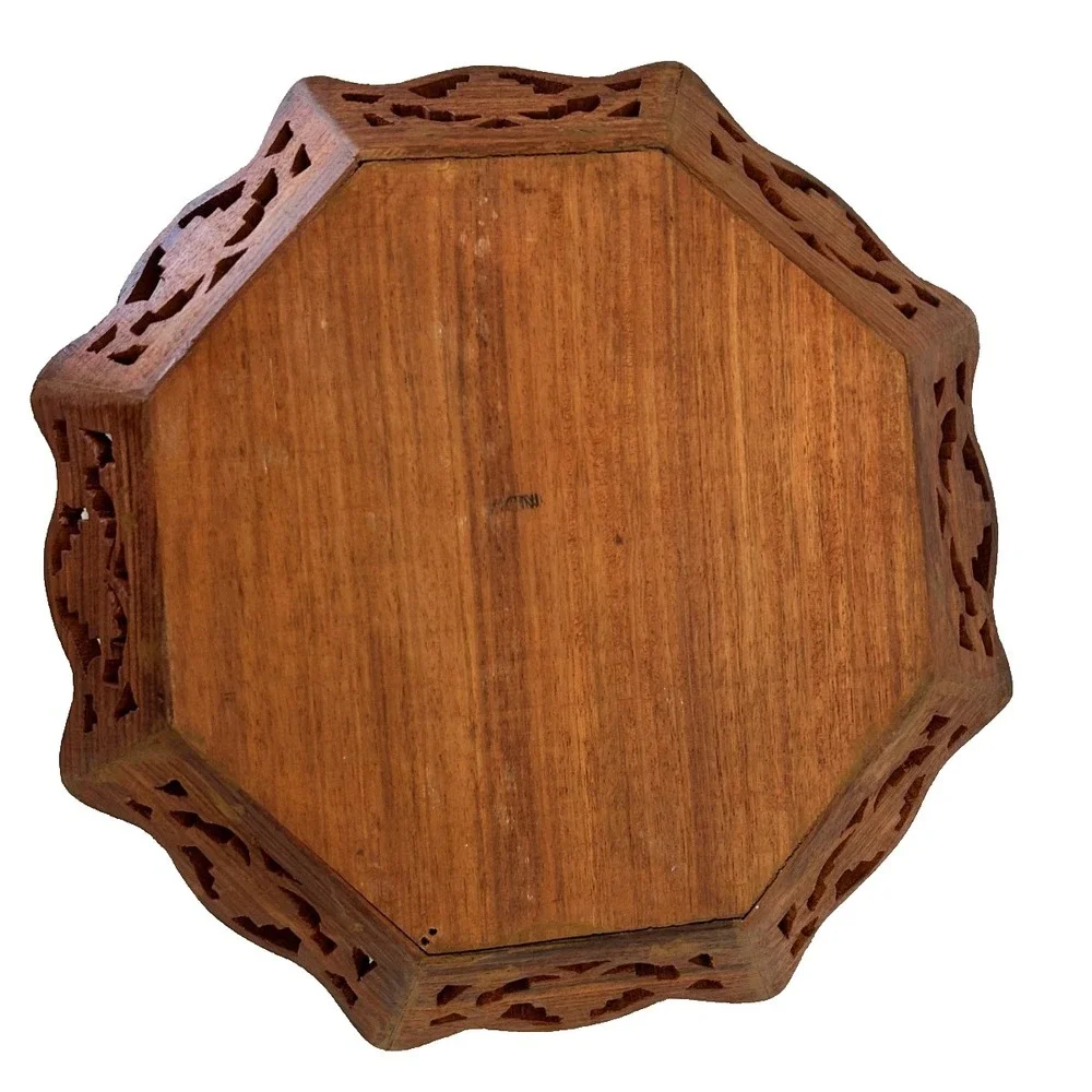 VTG Boho Floral India Folk Art Hand Carved Wood Tray Wall Hanging Octagonal  12